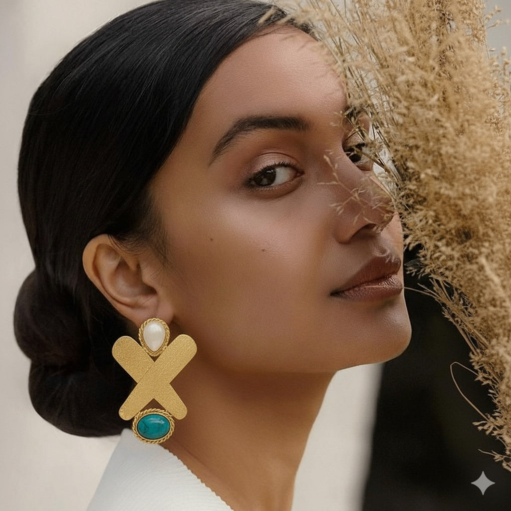 Statement 18 Kt Gold Plated - X Blue Turquoise earring - Make a Statement