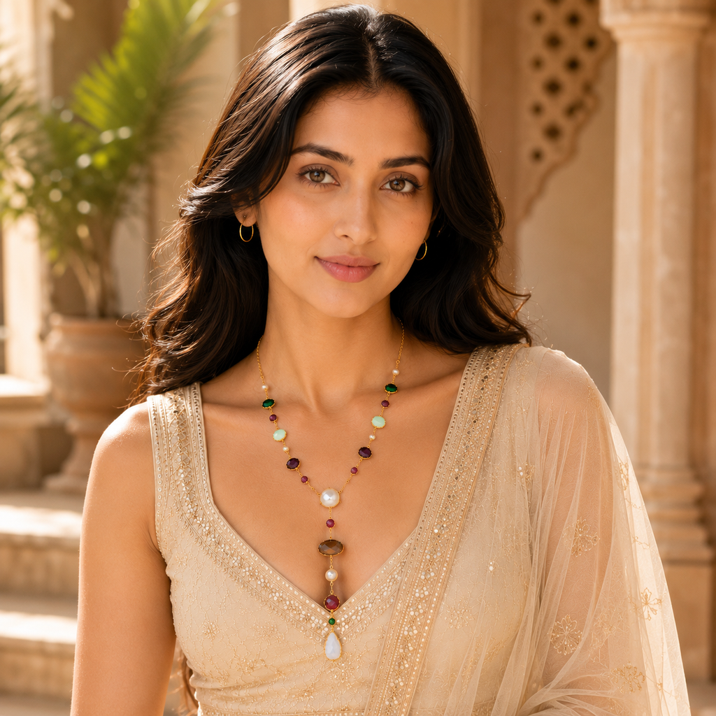 Celestial Cascade Necklace - Multicolour Stones - 18 Kt Gold Plated - decorated with Precious Stones