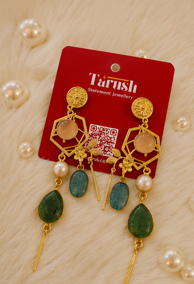 Sage Lagoon Earrings - 18 Kt Gold Pated - Decorated with Semi precious stones - Perfect for all occasions