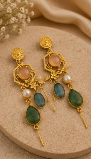 Sage Lagoon Earrings - 18 Kt Gold Pated - Decorated with Semi precious stones - Perfect for all occasions