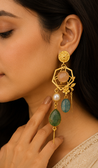Sage Lagoon Earrings - 18 Kt Gold Pated - Decorated with Semi precious stones - Perfect for all occasions
