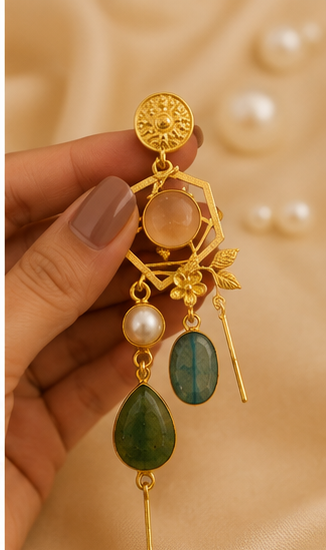 Sage Lagoon Earrings - 18 Kt Gold Pated - Decorated with Semi precious stones - Perfect for all occasions
