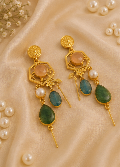 Sage Lagoon Earrings - 18 Kt Gold Pated - Decorated with Semi precious stones - Perfect for all occasions