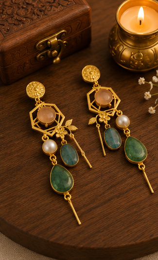 Sage Lagoon Earrings - 18 Kt Gold Pated - Decorated with Semi precious stones - Perfect for all occasions