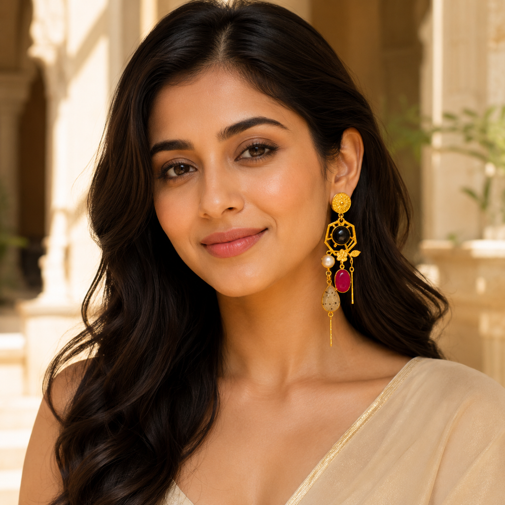 Ruby Noir Earrings - 18 Kt Gold Pated - Decorated with Semi precious stones - Perfect for all occasions