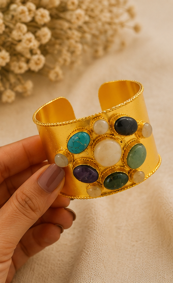 Imperial Gemstone Cuff - 18 Kt Gold Pated - Decorated with Precious Stones - Perfect for all occasions - Adjustable and anti tarnish