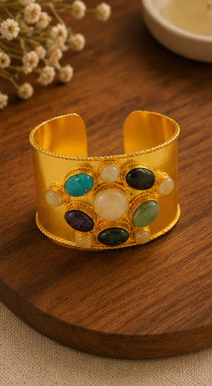 Imperial Gemstone Cuff - 18 Kt Gold Pated - Decorated with Precious Stones - Perfect for all occasions - Adjustable and anti tarnish