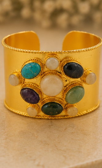 Imperial Gemstone Cuff - 18 Kt Gold Pated - Decorated with Precious Stones - Perfect for all occasions - Adjustable and anti tarnish