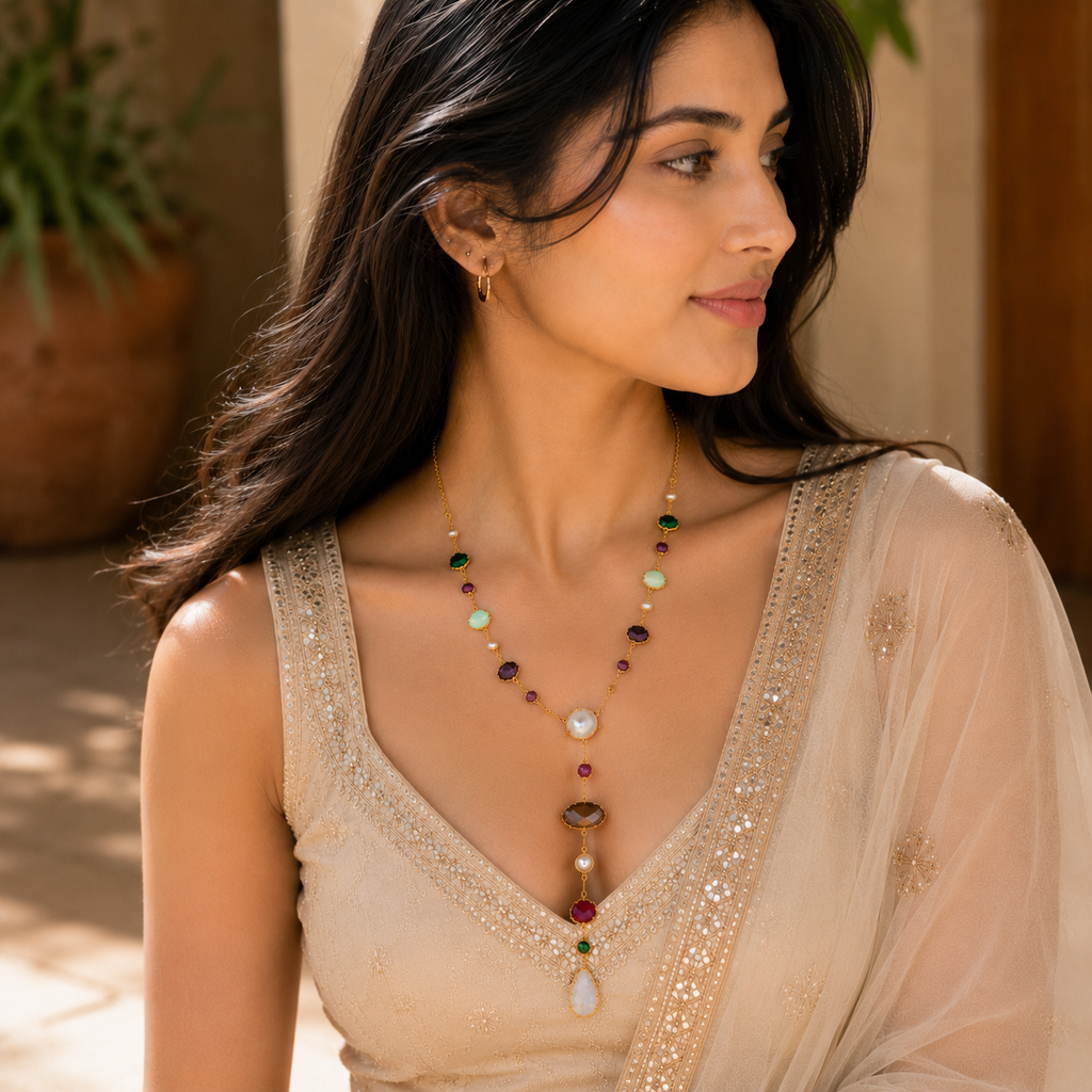 Celestial Cascade Necklace - Multicolour Stones - 18 Kt Gold Plated - decorated with Precious Stones