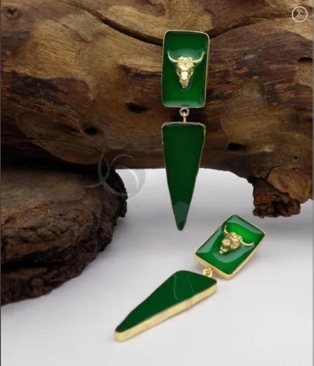 18 Kt Gold Plated green bull earrings Semi Precious stone