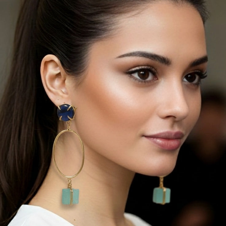 18 Kt Gold Plated Blue candy hanging earring Semi Precious stone