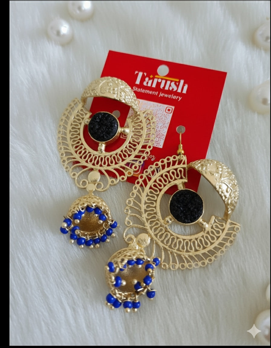 18 Kt Gold Plated dome Jhumka with blue pearl Semi Precious stone