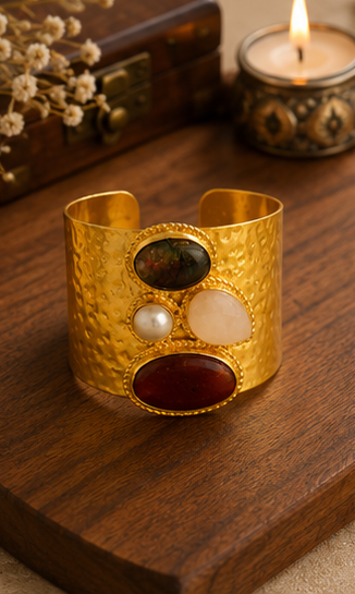 Regal Stone Cuff - 18 Kt Gold Pated - Perfect for all occasions - Adjustable and anti tarnish