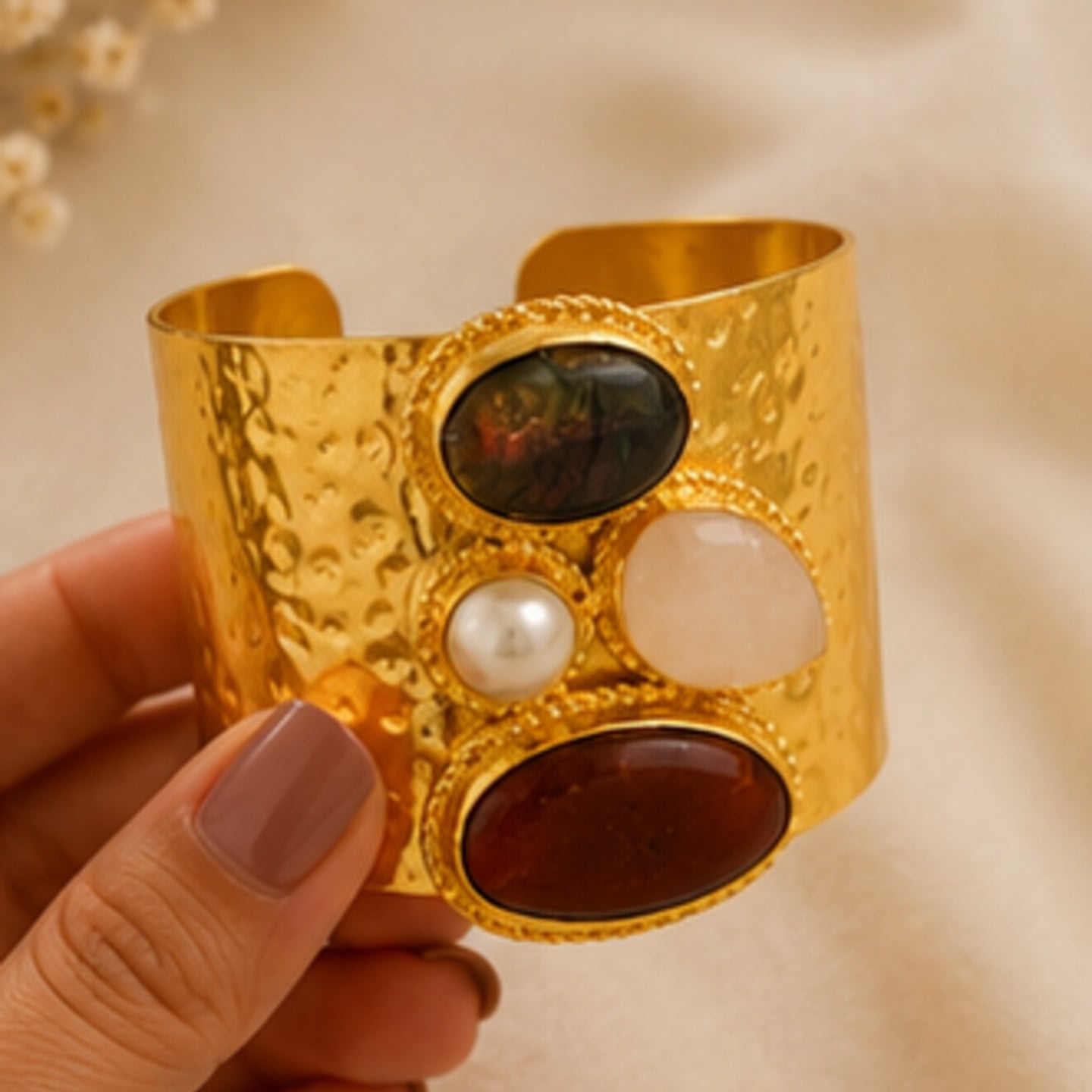 Regal Stone Cuff - 18 Kt Gold Pated - Perfect for all occasions - Adjustable and anti tarnish