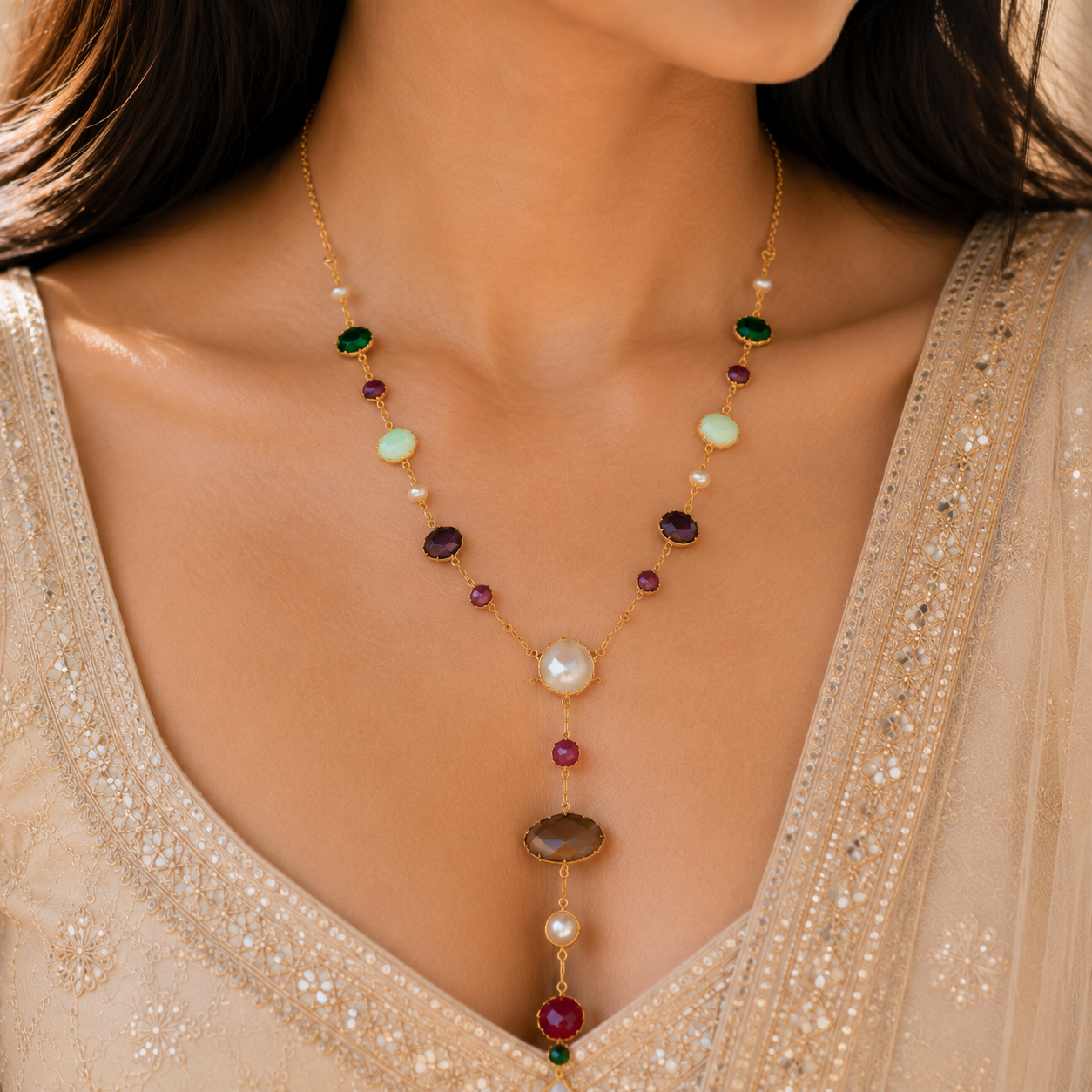 Celestial Cascade Necklace - Multicolour Stones - 18 Kt Gold Plated - decorated with Precious Stones