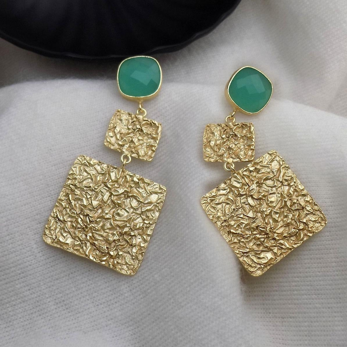 18 Kt Gold Plated 18kt Gold Plated - Green Stone Square Hammered - Dangler Earrings - Perfect for all Occasions Semi Precious stone