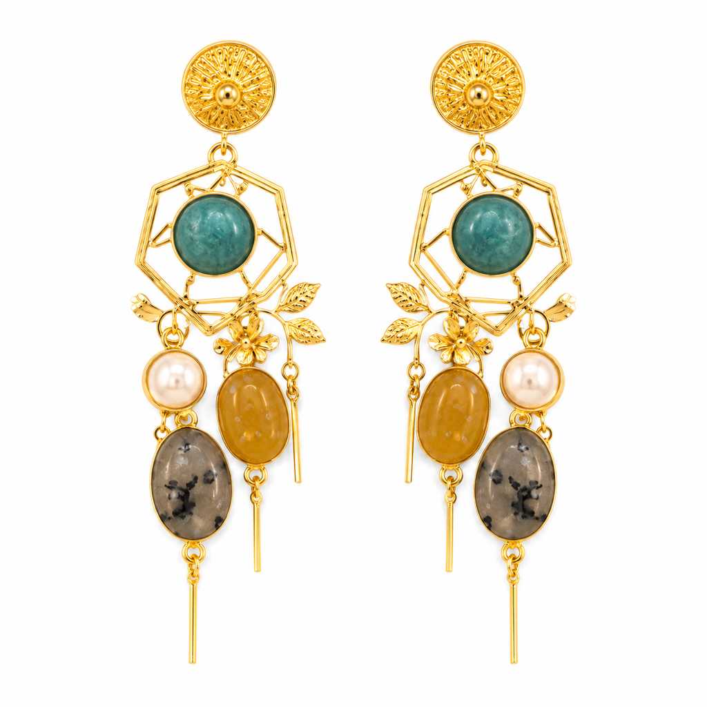 Ocean Mist Earrings - 18 Kt Gold Pated - Decorated with Semi precious stones - Perfect for all occasions