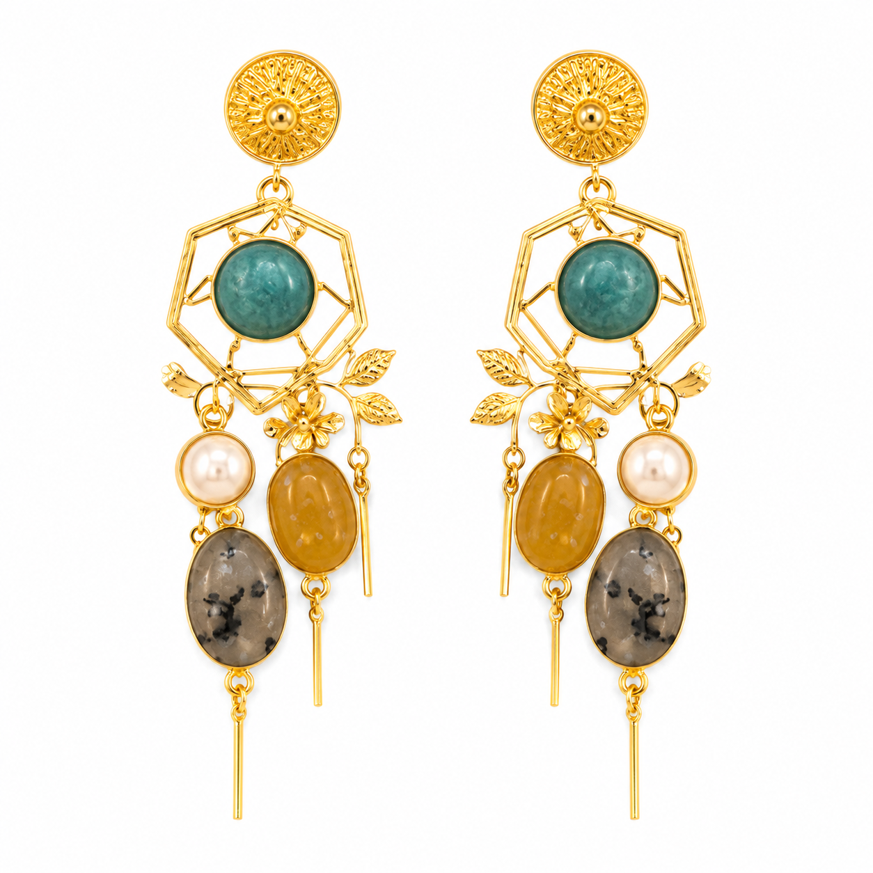 Ocean Mist Earrings - 18 Kt Gold Pated - Decorated with Semi precious stones - Perfect for all occasions