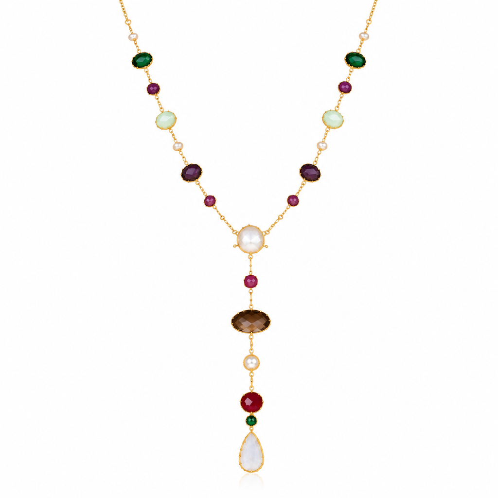 Celestial Cascade Necklace - Multicolour Stones - 18 Kt Gold Plated - decorated with Precious Stones