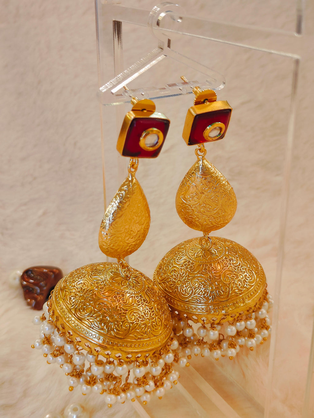 18 Kt Gold Plated Red big Jhumka Semi Precious stone