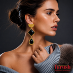 18 Kt Gold Plated Elegant - Brass earrings featuring black stones—lightweight style with non-allergic comfort. - Black earring Semi Precious stone