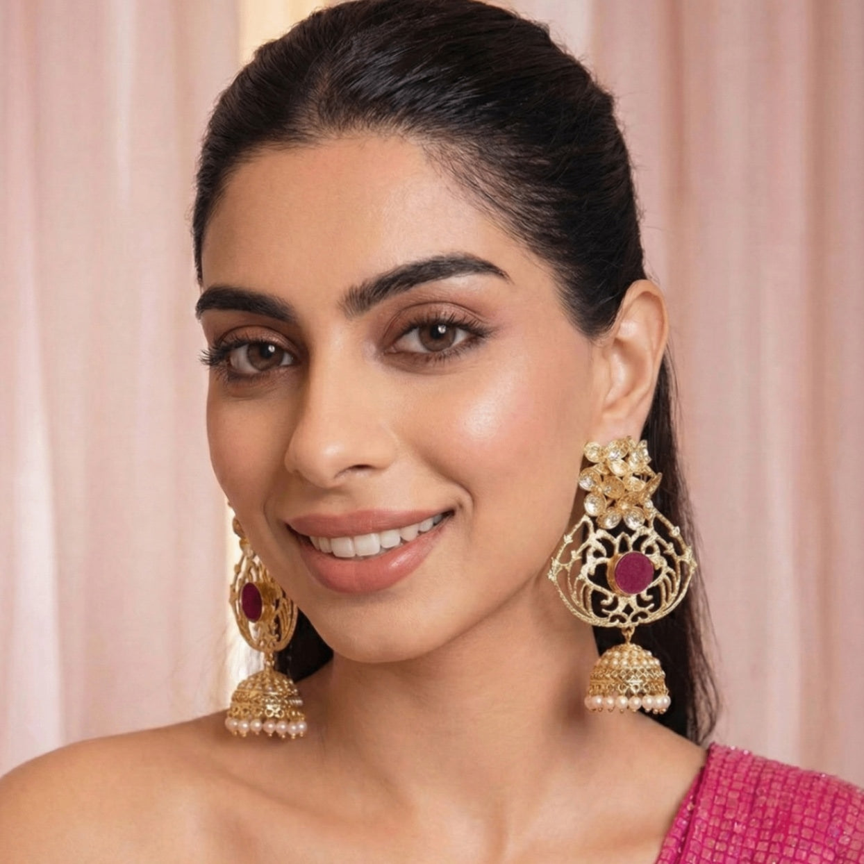 18 Kt Gold Plated Brass Jhumka - Stunning Pink Semi-Precious Stone - Perfect for Your Festivals Semi Precious stone