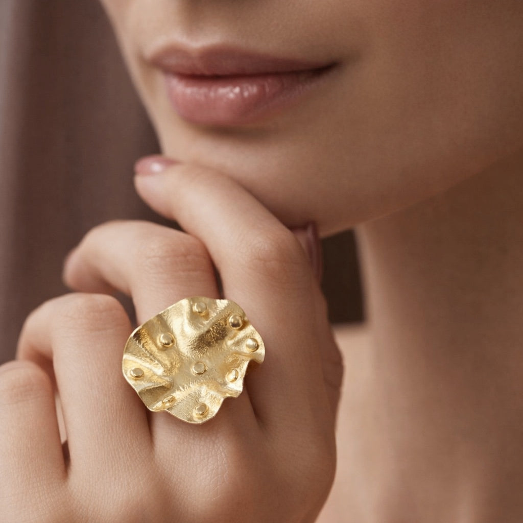 18 Kt Gold Plated Gold ring hammered hand made Semi Precious stone