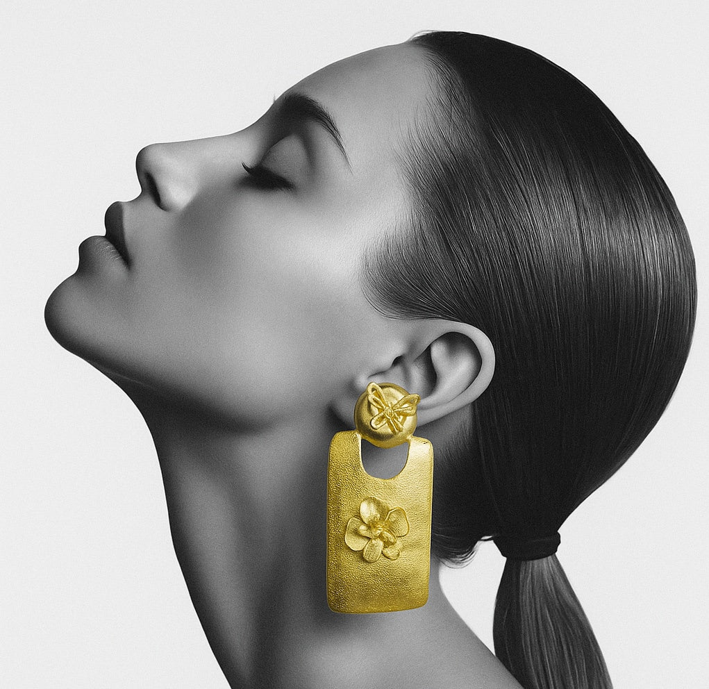 18 Kt Gold Plated Gold big Rectangle with flower earring Semi Precious stone