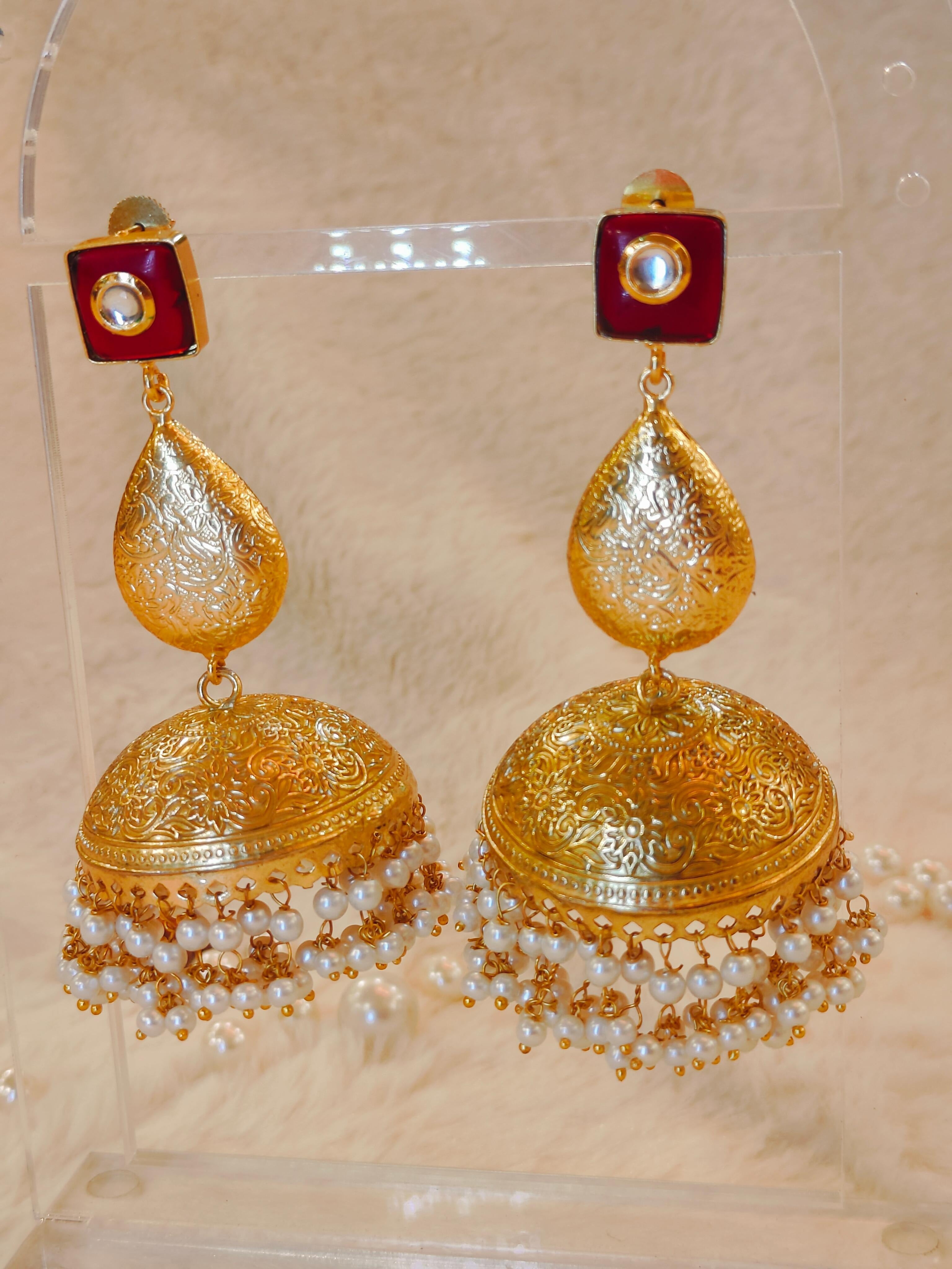 18 Kt Gold Plated Red big Jhumka Semi Precious stone