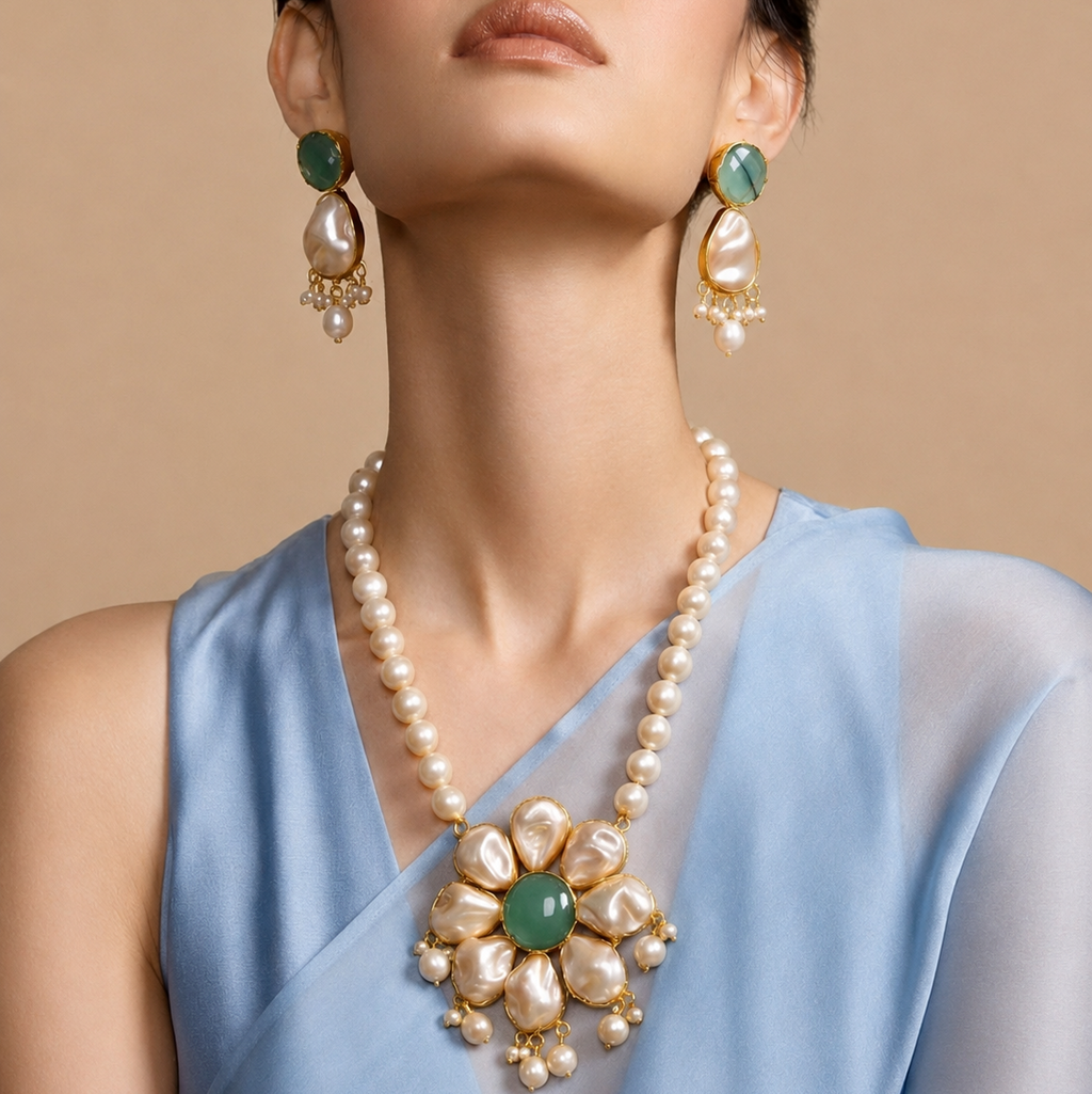 18 Kt Gold Plated Pearl Necklace with braclet Semi Precious stone