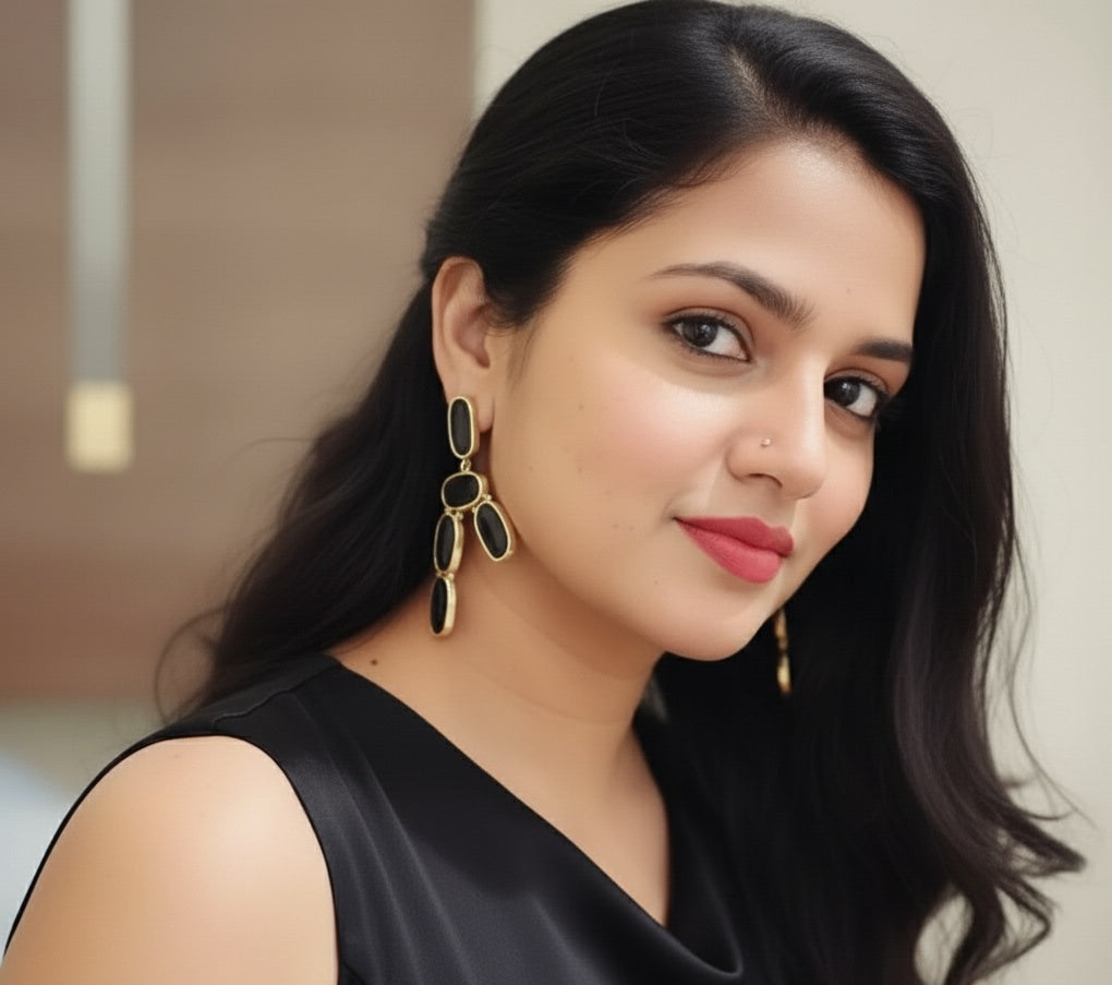 18 Kt Gold Plated Brass - Black A Symmetrical Earring - Perfect for Your Paries