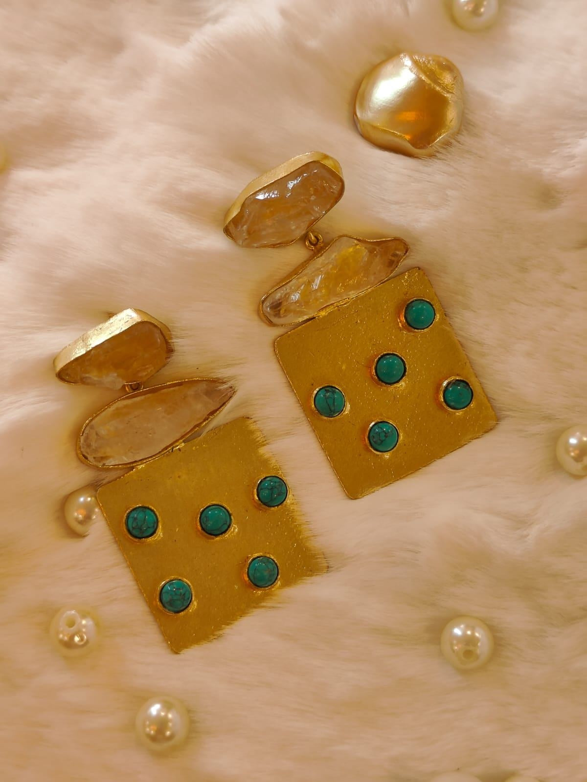 18 Kt Gold Plated Turquoise earring with square dangler - Make a Statement Semi Precious stone