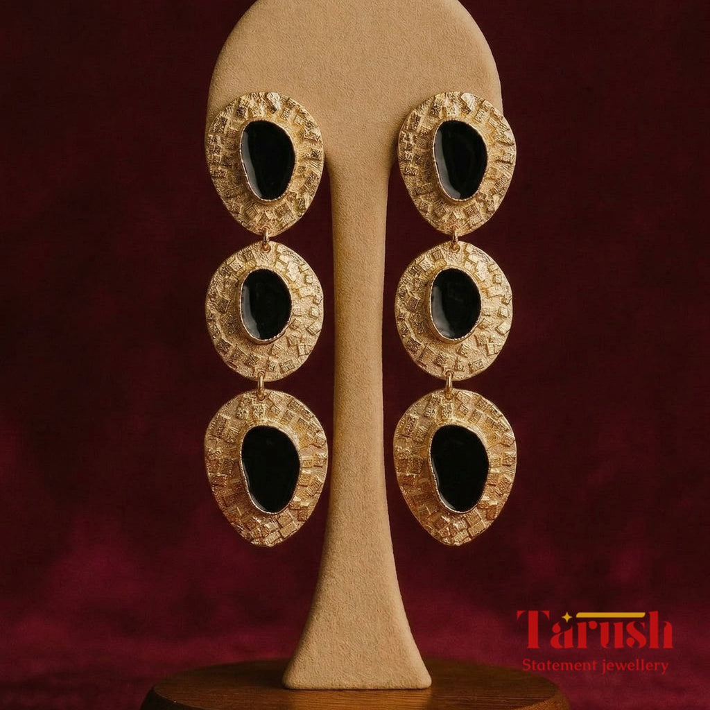 18 Kt Gold Plated 18kt Gold Plated Black Dangler Enamel Earring - Perfect for your Parties Semi Precious stone