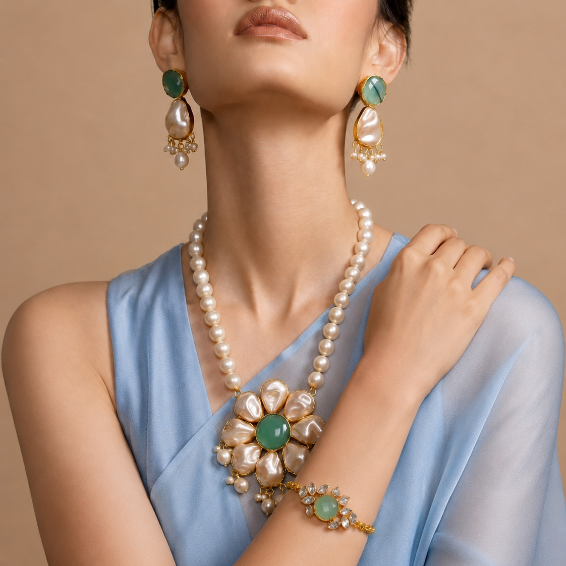 18 Kt Gold Plated Pearl Necklace with braclet Semi Precious stone
