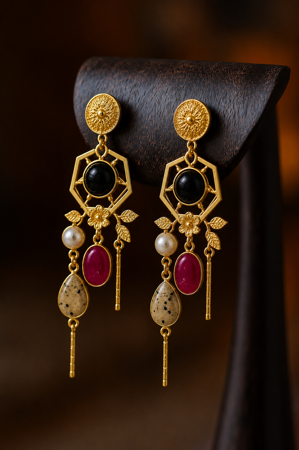 Ruby Noir Earrings - 18 Kt Gold Pated - Decorated with Semi precious stones - Perfect for all occasions