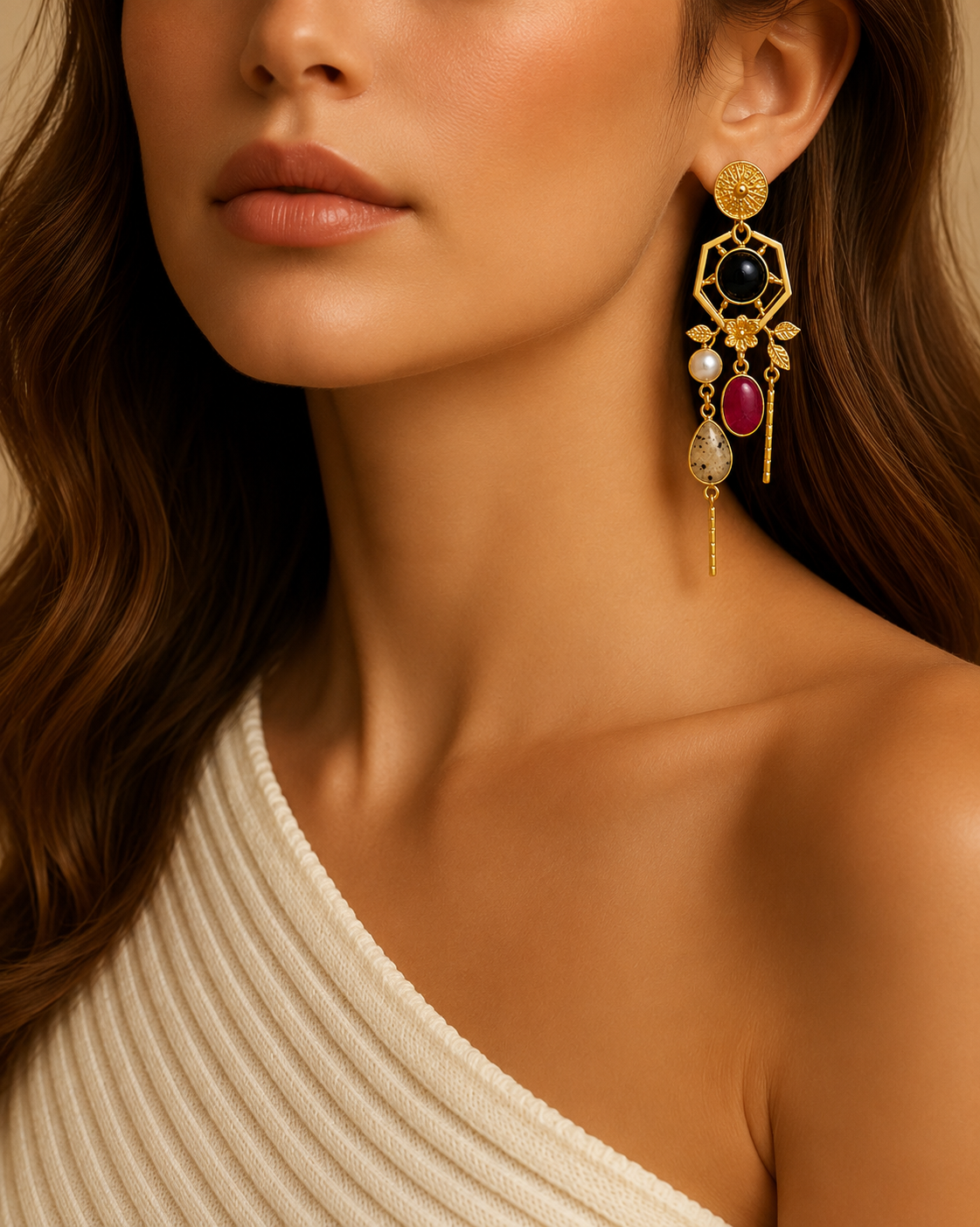 Ruby Noir Earrings - 18 Kt Gold Pated - Decorated with Semi precious stones - Perfect for all occasions