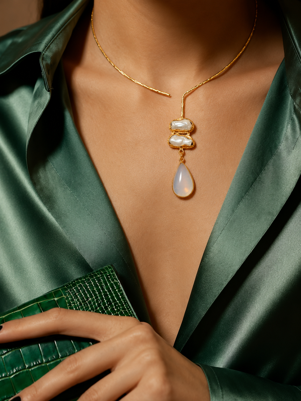 White stone drop with Mother of perl real stones, 18 Kt Gold Plated Pearl & White Stone Pendant Hasli Statement Necklace without earrings for Women