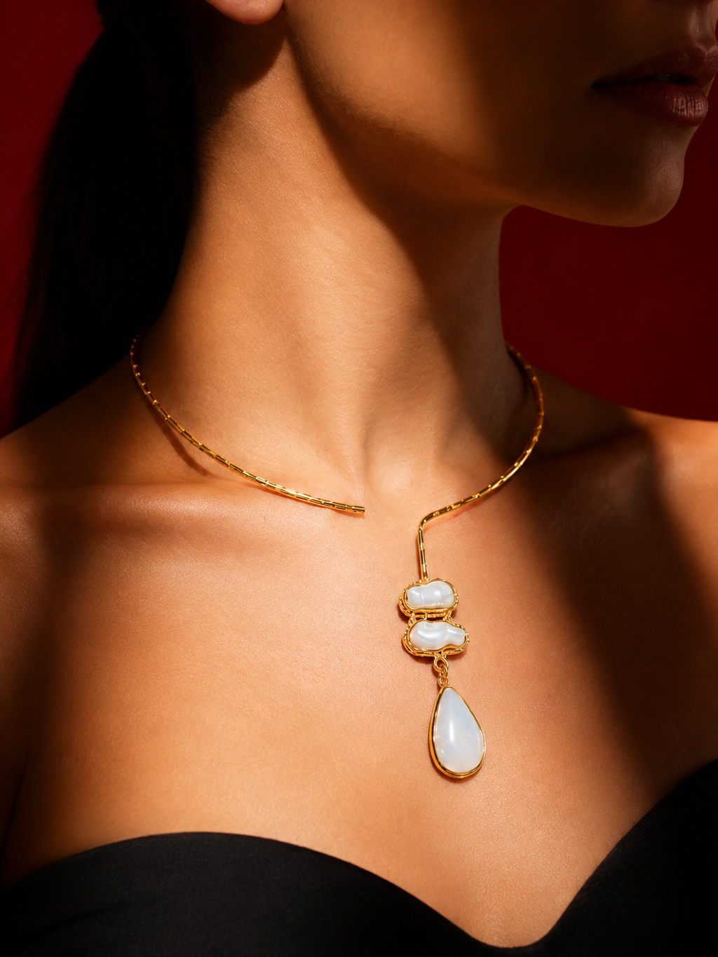White stone drop with Mother of perl real stones, 18 Kt Gold Plated Pearl & White Stone Pendant Hasli Statement Necklace without earrings for Women