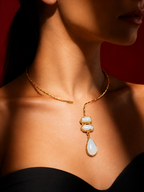 White stone drop with Mother of perl real stones, 18 Kt Gold Plated Pearl & White Stone Pendant Hasli Statement Necklace without earrings for Women