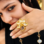 Golden Adjustable Ring - 18 Kt Gold Pated - Decorated with Semi precious stones to get that elegant look - Perfect for all occasions