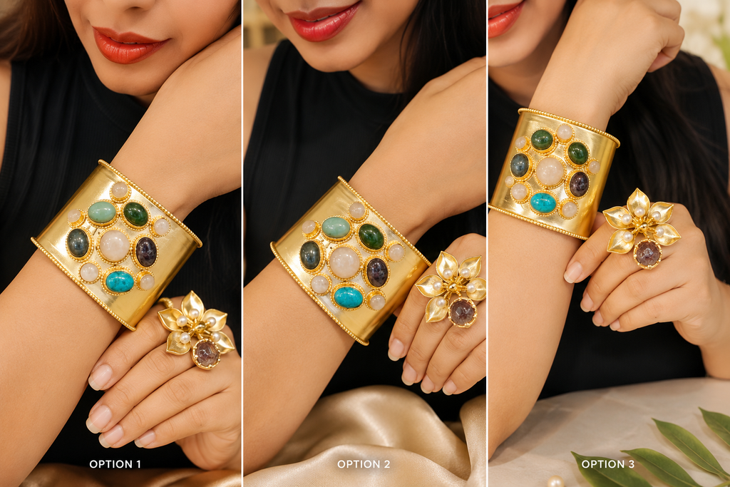 Imperial Gemstone Cuff - 18 Kt Gold Pated - Decorated with Precious Stones - Perfect for all occasions - Adjustable and anti tarnish