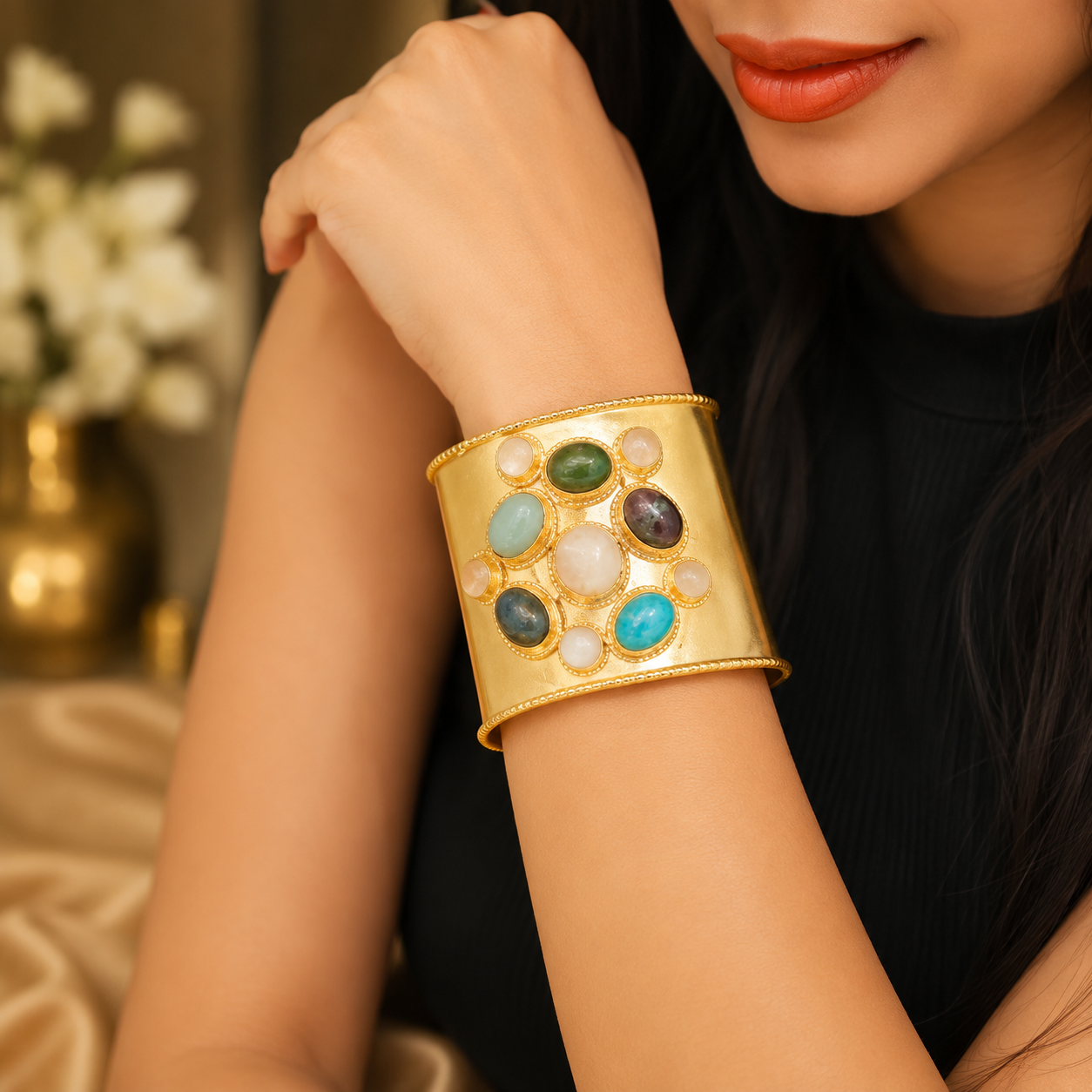Imperial Gemstone Cuff - 18 Kt Gold Pated - Decorated with Precious Stones - Perfect for all occasions - Adjustable and anti tarnish