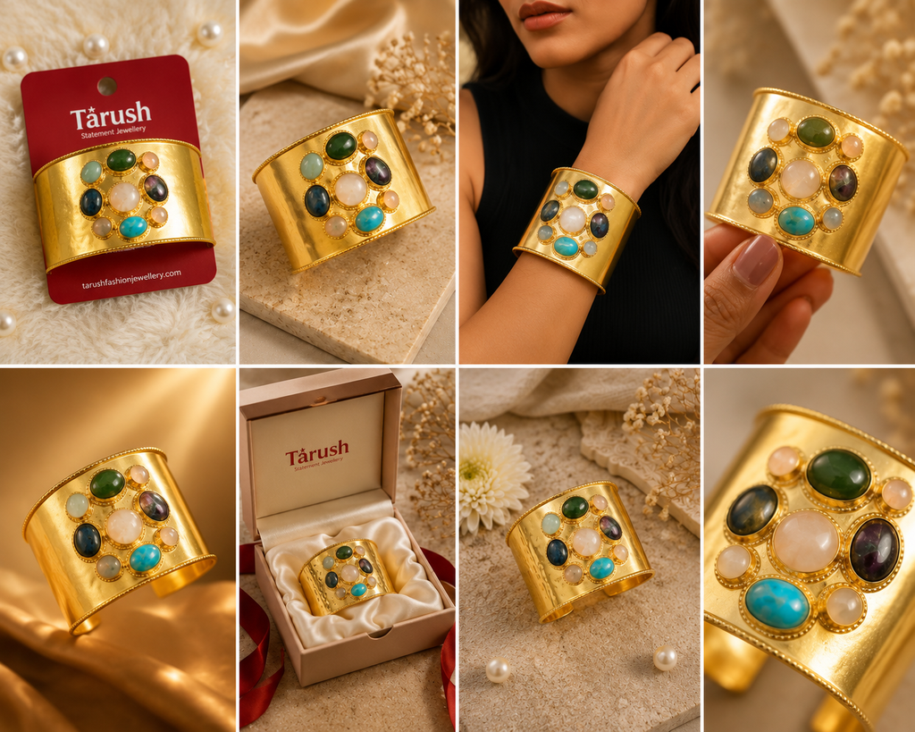 Imperial Gemstone Cuff - 18 Kt Gold Pated - Decorated with Precious Stones - Perfect for all occasions - Adjustable and anti tarnish