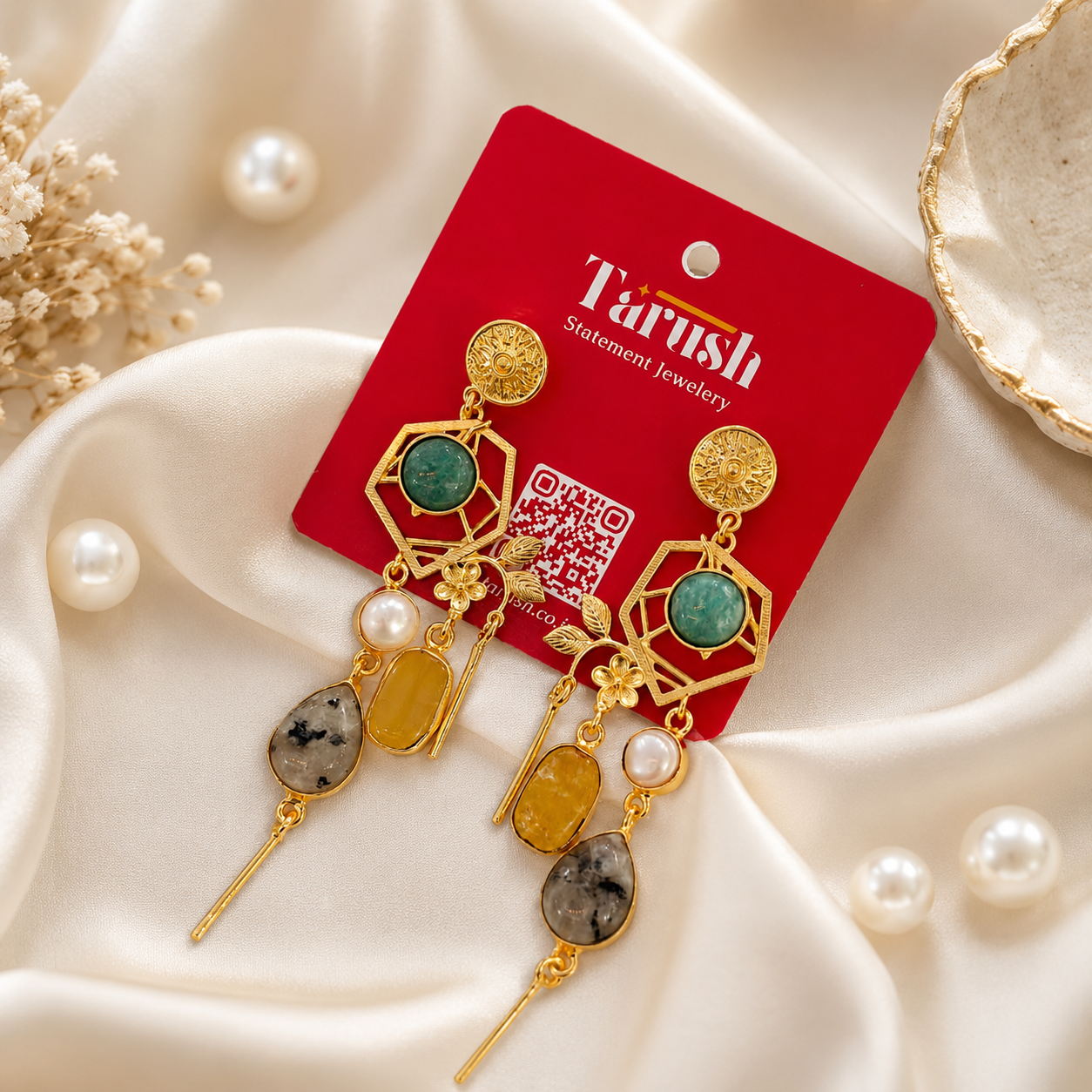 Ocean Mist Earrings - 18 Kt Gold Pated - Decorated with Semi precious stones - Perfect for all occasions