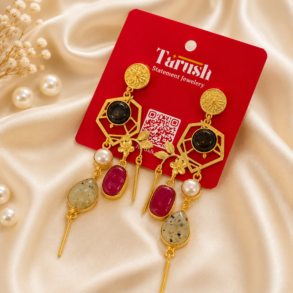Ruby Noir Earrings - 18 Kt Gold Pated - Decorated with Semi precious stones - Perfect for all occasions