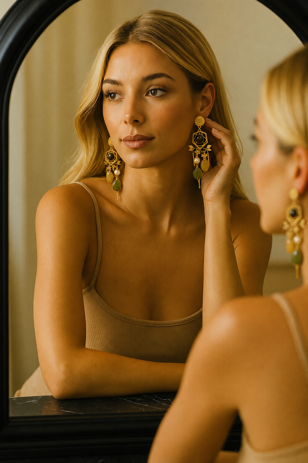 Midnight Bloom Earrings - 18 Kt Gold Pated - Decorated with Semi precious stones - Perfect for all occasions