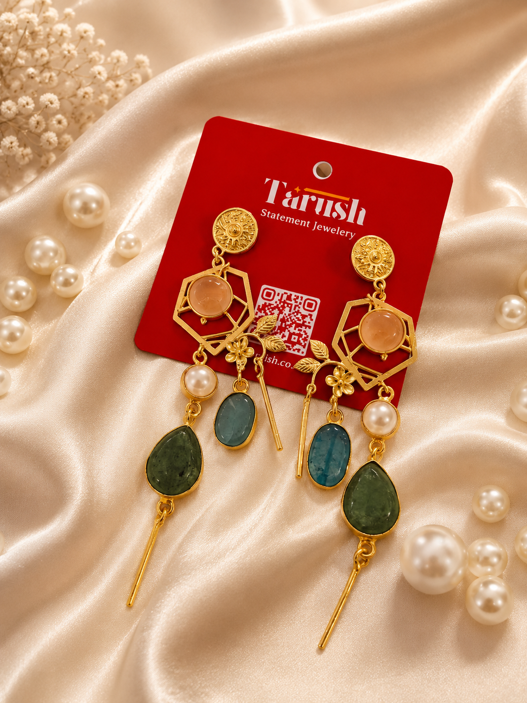 Sage Lagoon Earrings - 18 Kt Gold Pated - Decorated with Semi precious stones - Perfect for all occasions