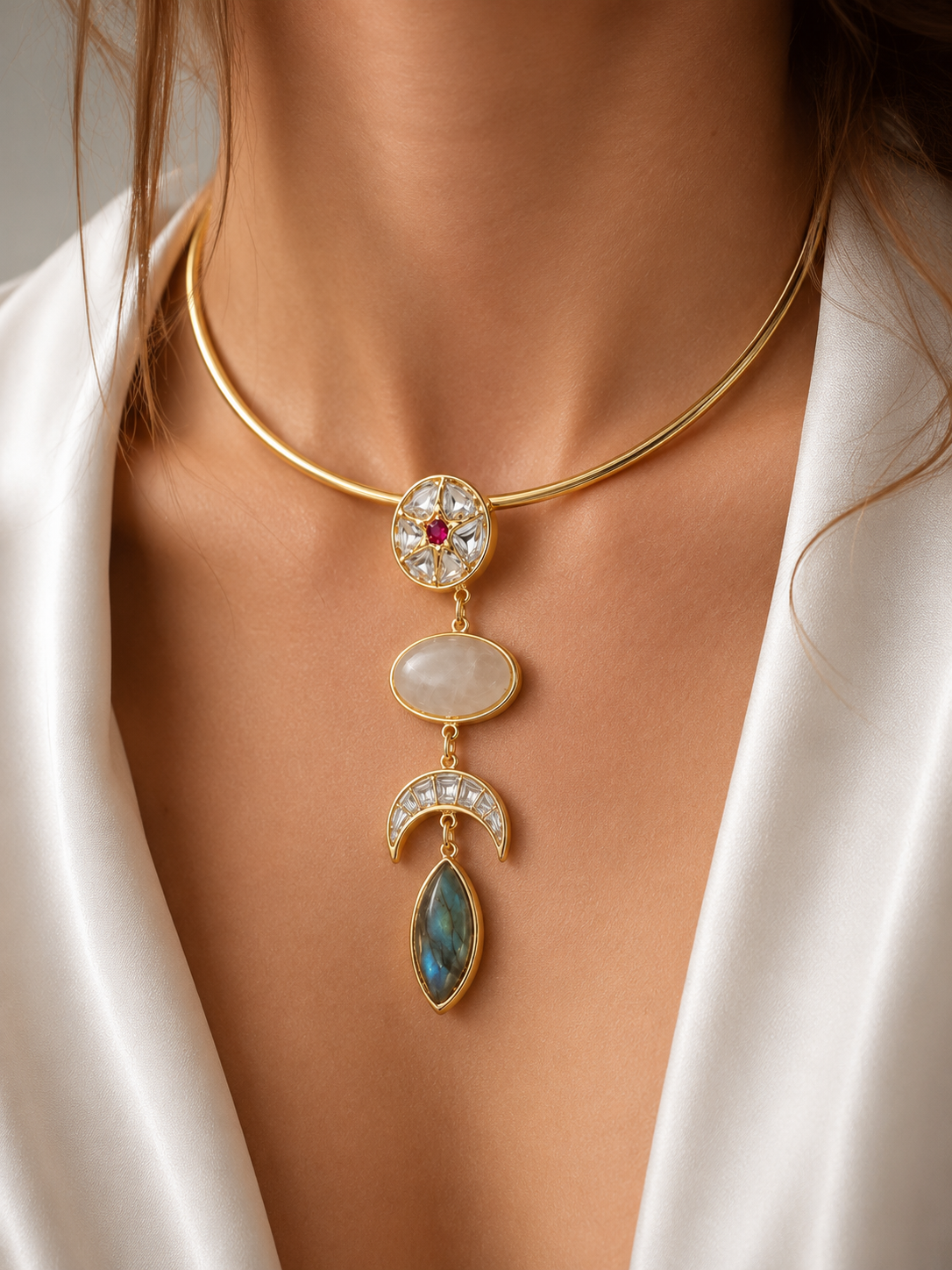 Premium Brass Halsi Necklace - 18 Kt Gold Plated Kundan Royal Statement Hasli for Women