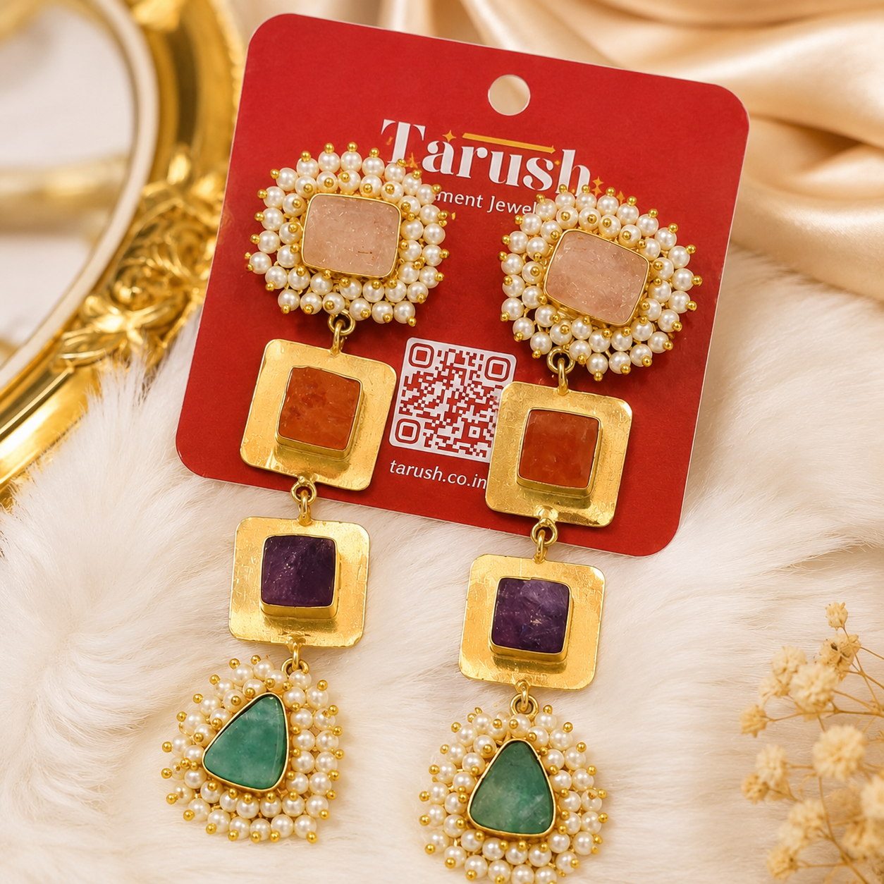 Semi precious stone Earrings - 18 Kt Gold Plated Multi Semi precious Stone Pearl Drop Earrings for Women