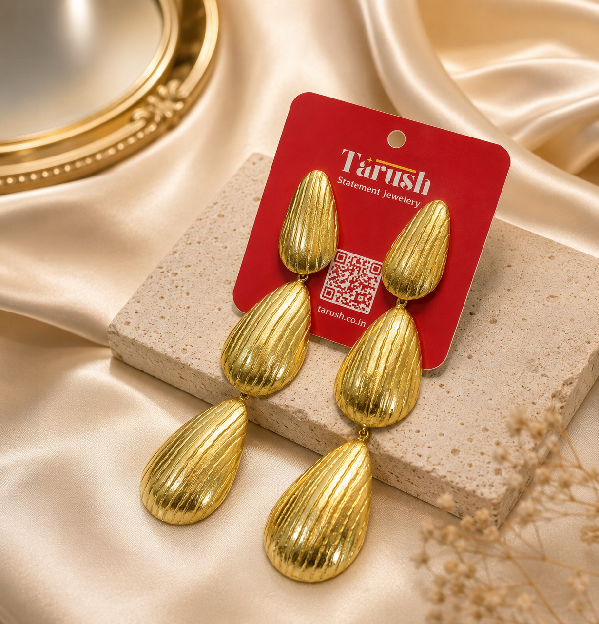 Gold Plated Bold Gold earrings , 18 Kt Gold Plated Textured Triple Drop Earrings for Women